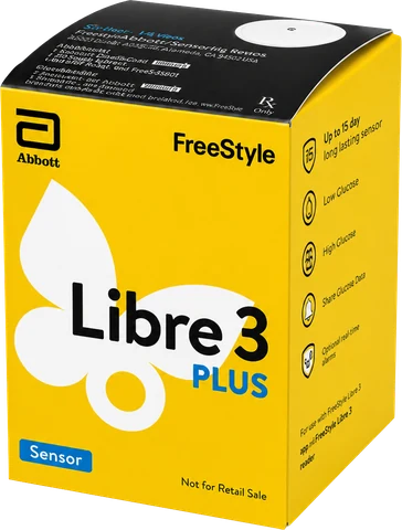 A Freestyle Libre 3 Plus sensor in its yellow Abbott box